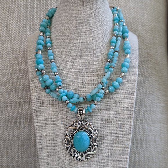 Carolyn Pollack Sterling Silver & Amazonite Triple Strand Beaded Necklace - Picture 1 of 13